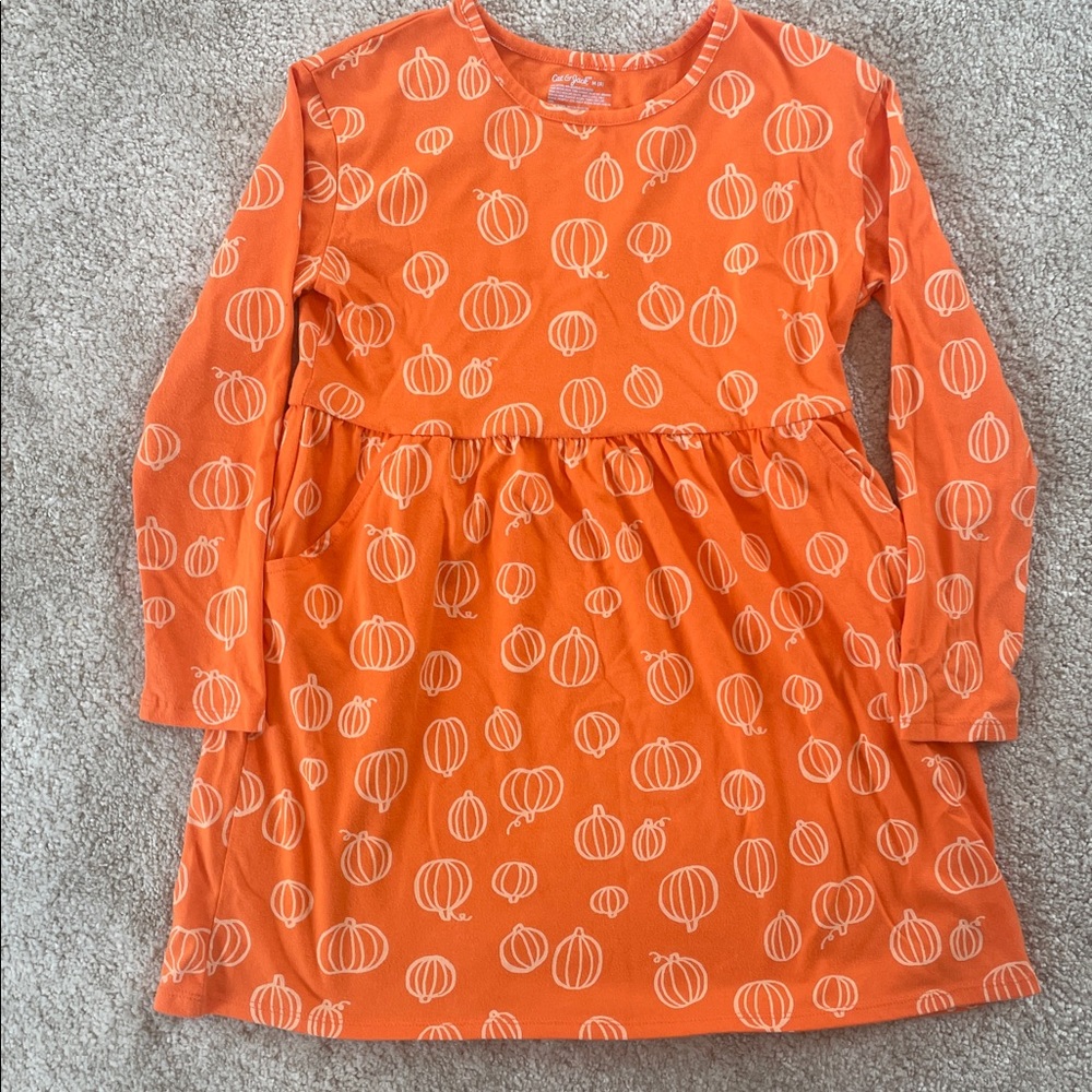 Orange Pumpkin Print Long Sleeve Dress with pockets